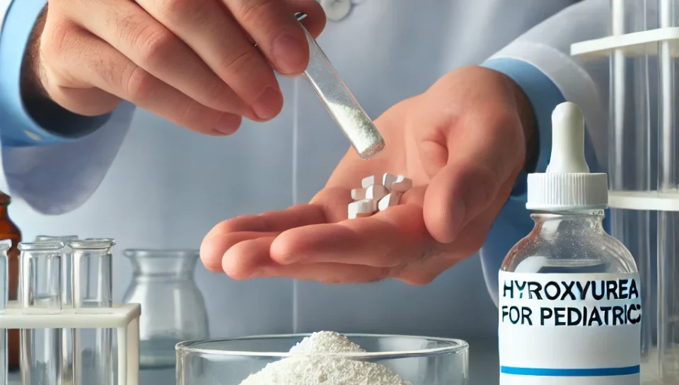 DALL·E 2025-02-16 17.37.30 - A close-up of a pharmacist's hands compounding hydroxyurea for pediatric use. The pharmacist is precisely measuring crushed hydroxyurea powder and fil Quality standards for compounded hydroxyurea